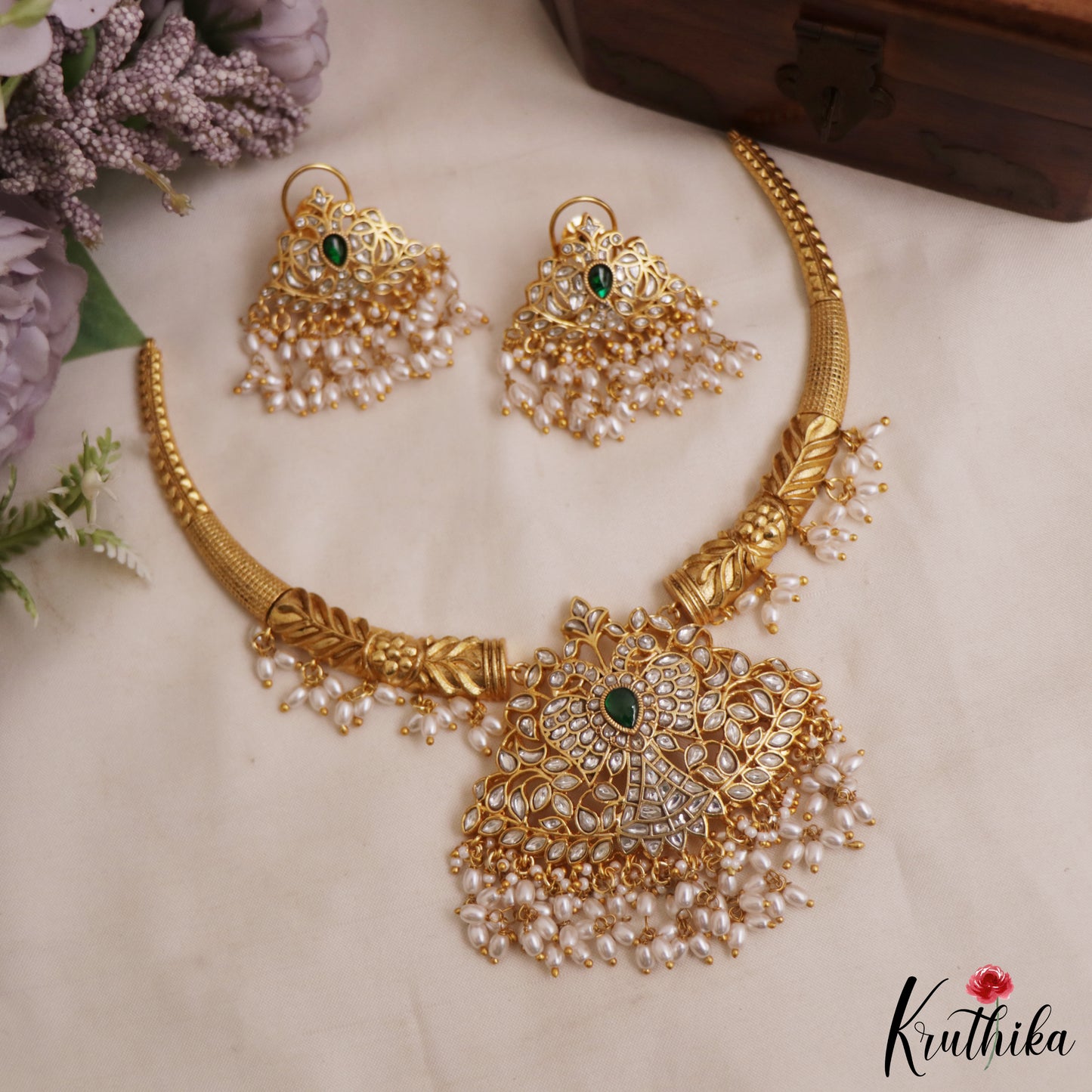 Gorgeous Peacock Motifs Jadau Hasli Necklace With Pearl Drops NC2970 (Available In 3 Colors)