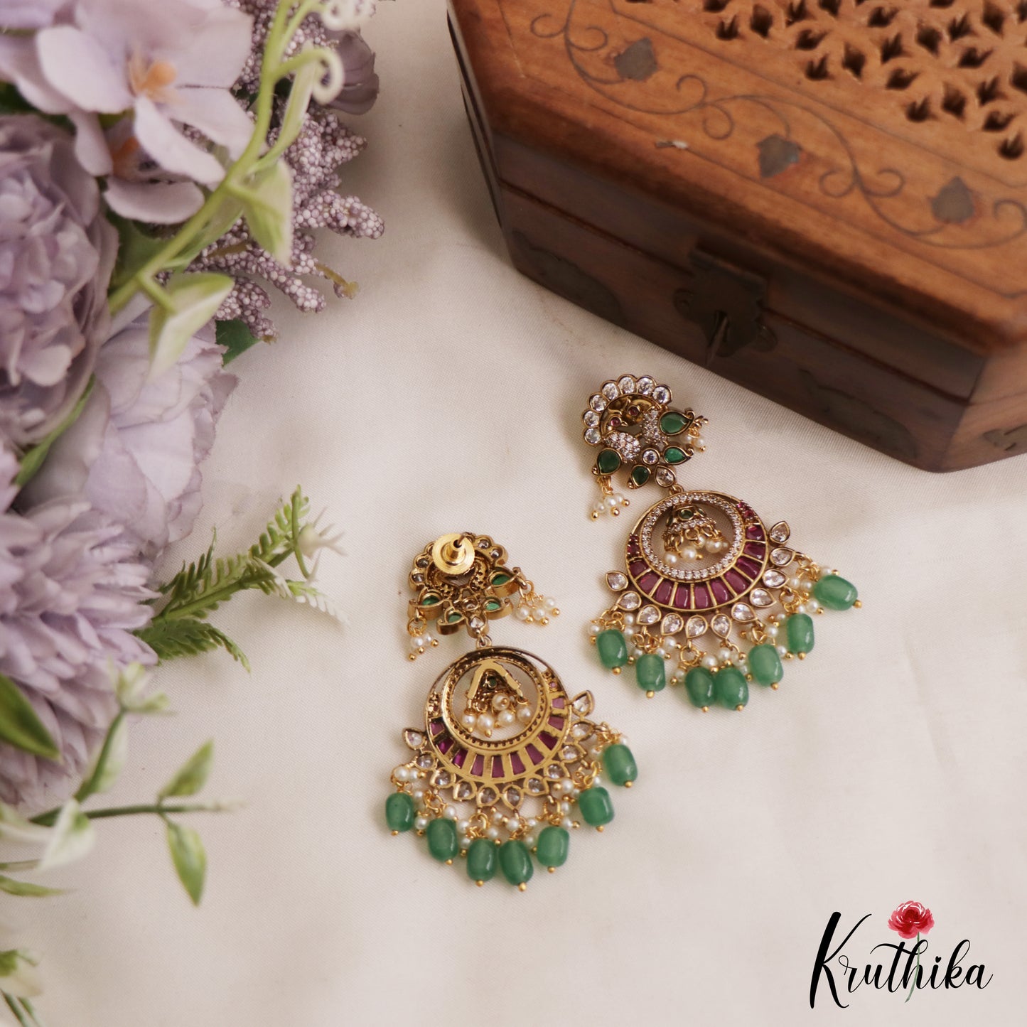 Beautiful Peacock Motifs Chandbali Jadau Earrings With Green Bead Drops E1094
