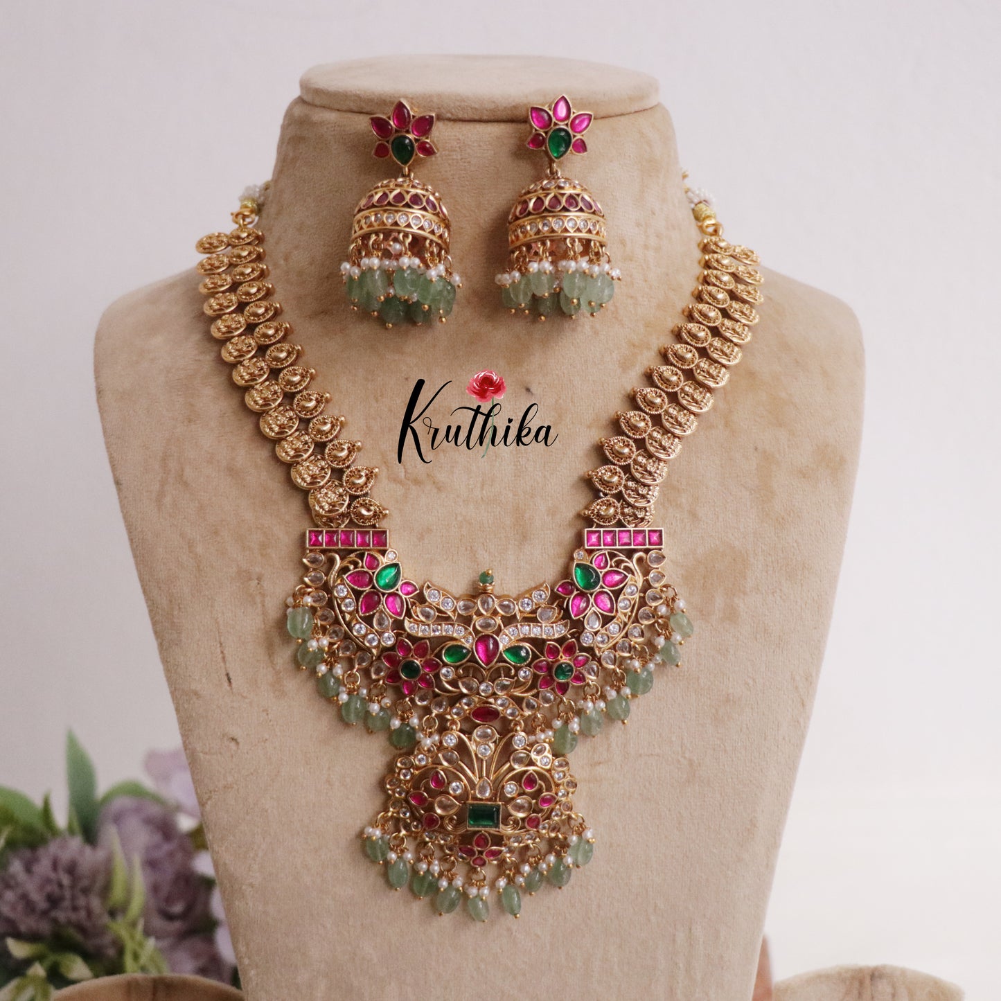 Grand Bridal Kasu Jadau Pendant Necklace with Pastel Green Beads Drops NC2246