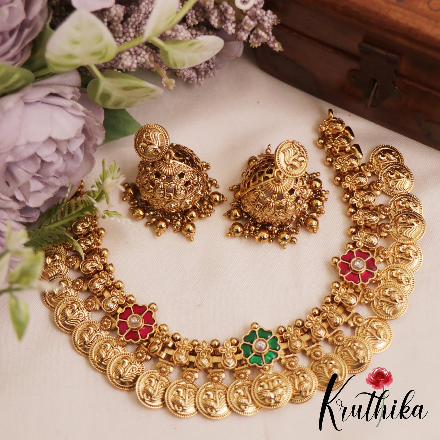 Beautiful Antique Peacock Motifs Kasu Jadau Choker NC2845 (Available In 2 Colors)