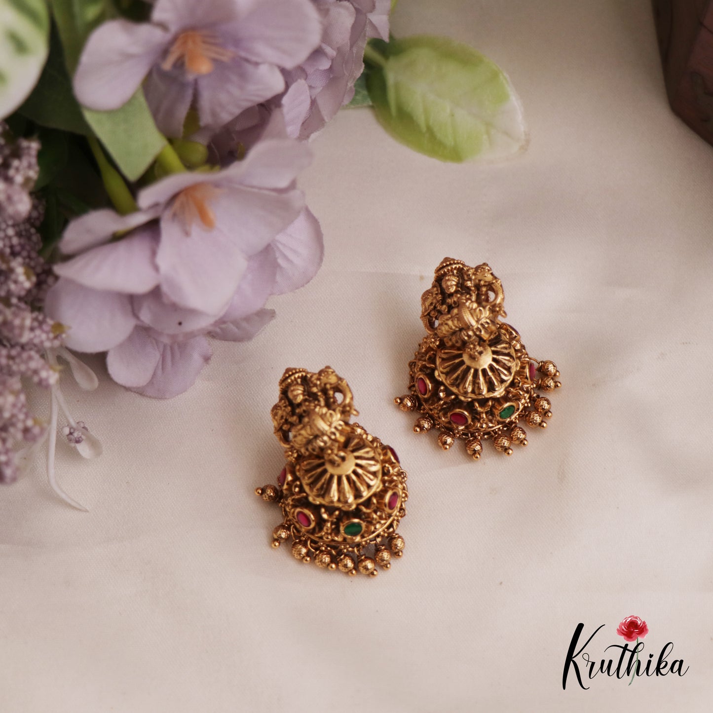 Classic Antique Lakshmi Motifs Kemp Jhumka With Bead Drops E985 (Available In 2 Colors)