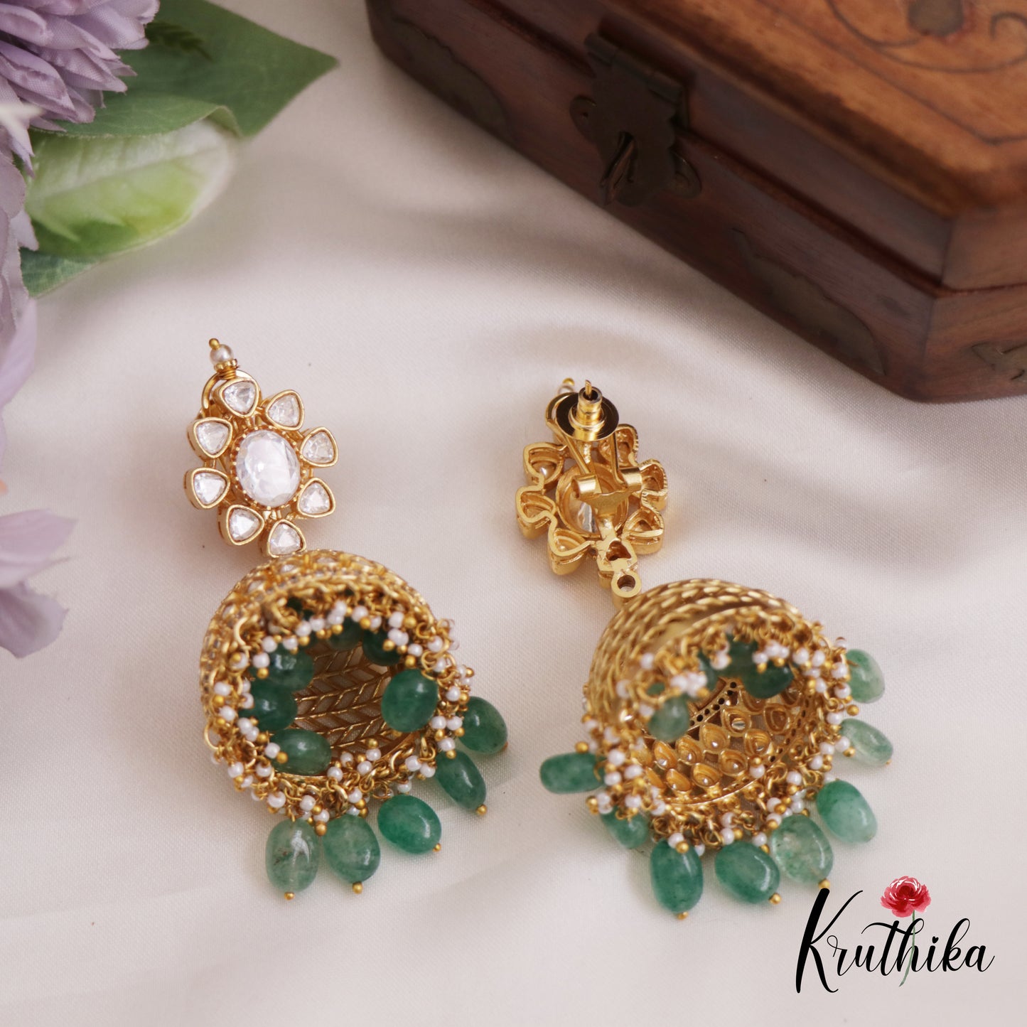 Gorgeous polki Mossanaite Jhumkas With Green Bead Drops E906