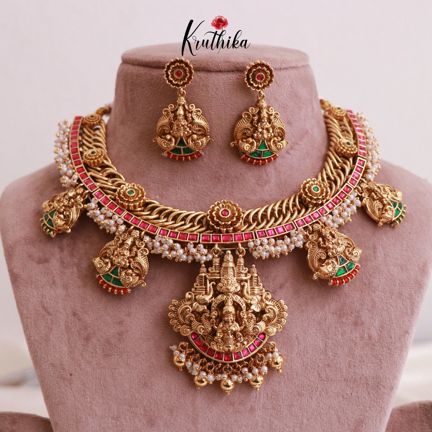 Elegant Lakshmi Jadau Jalebi style Necklace with Gold Drops NC1802