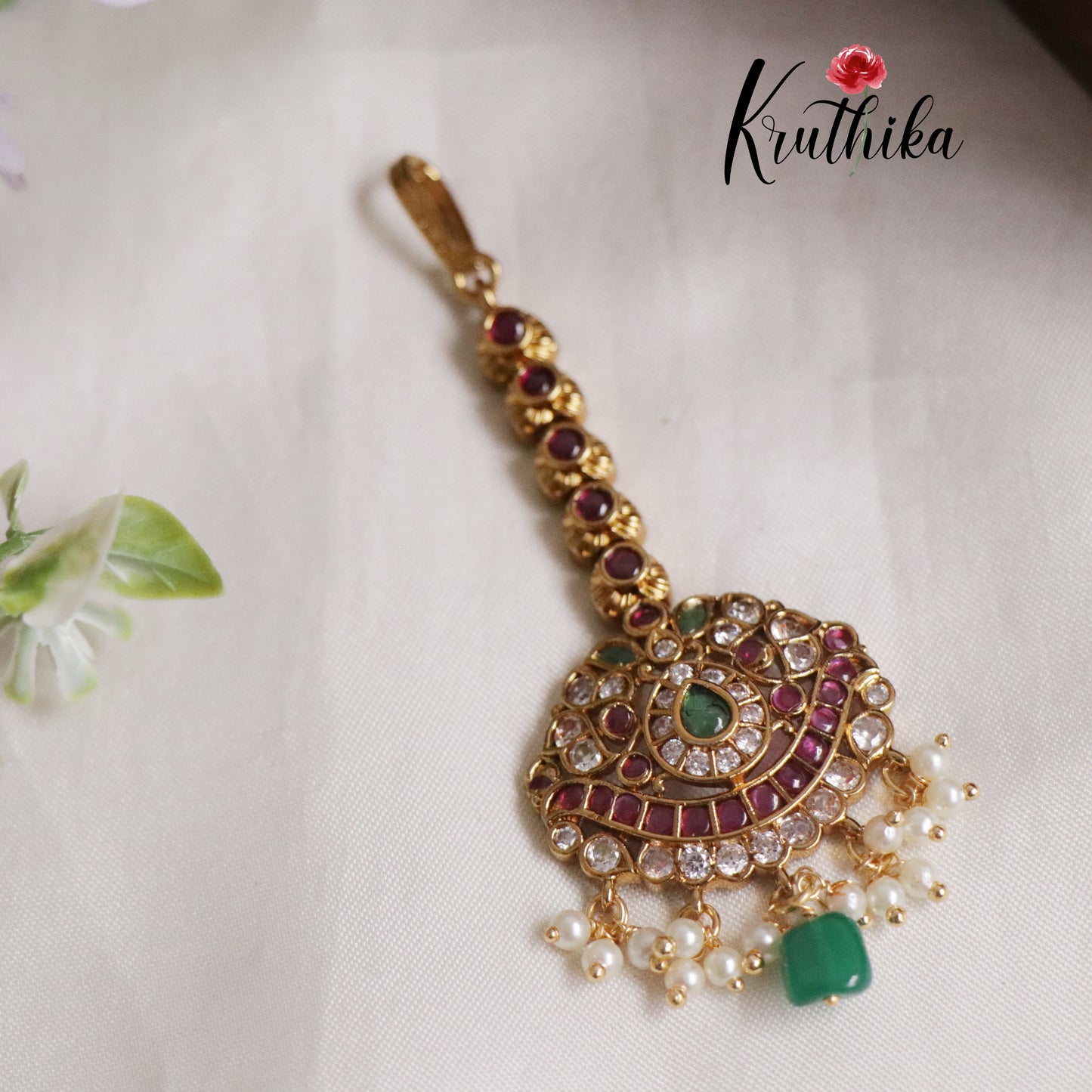 Simple Kemp Maang Tikka with Beads Drops MT266