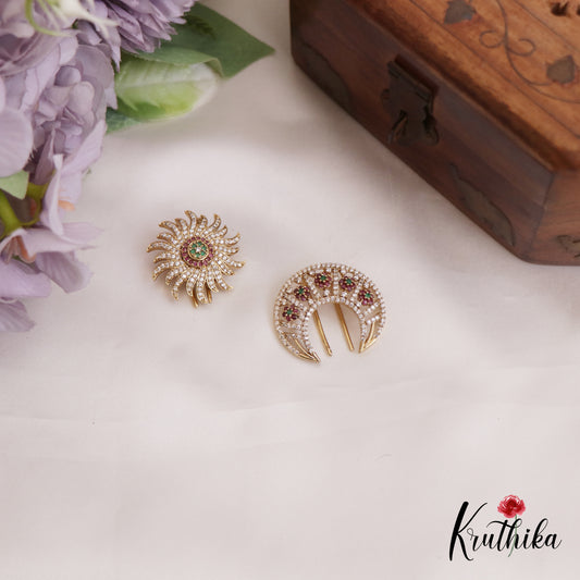 Trendy Floral AD Sparkling Chandra Surya Hair Ornaments J336