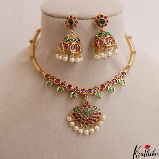 Elegant Leaf Motifs Jadau Hasli Necklace With Pearl Drops NC3008 (Available In 2 Colors)
