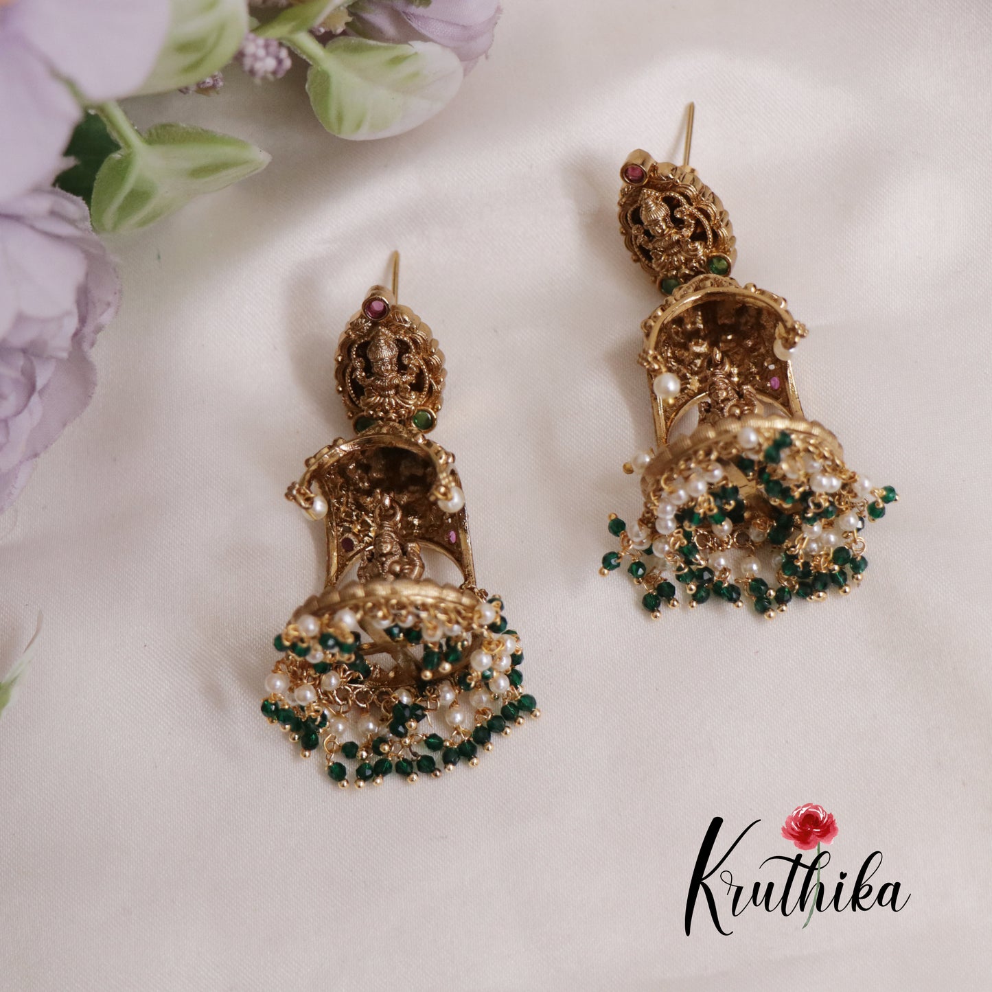 Premium Antique Lakshmi With Pearl Drops Jhumka Earrings E801