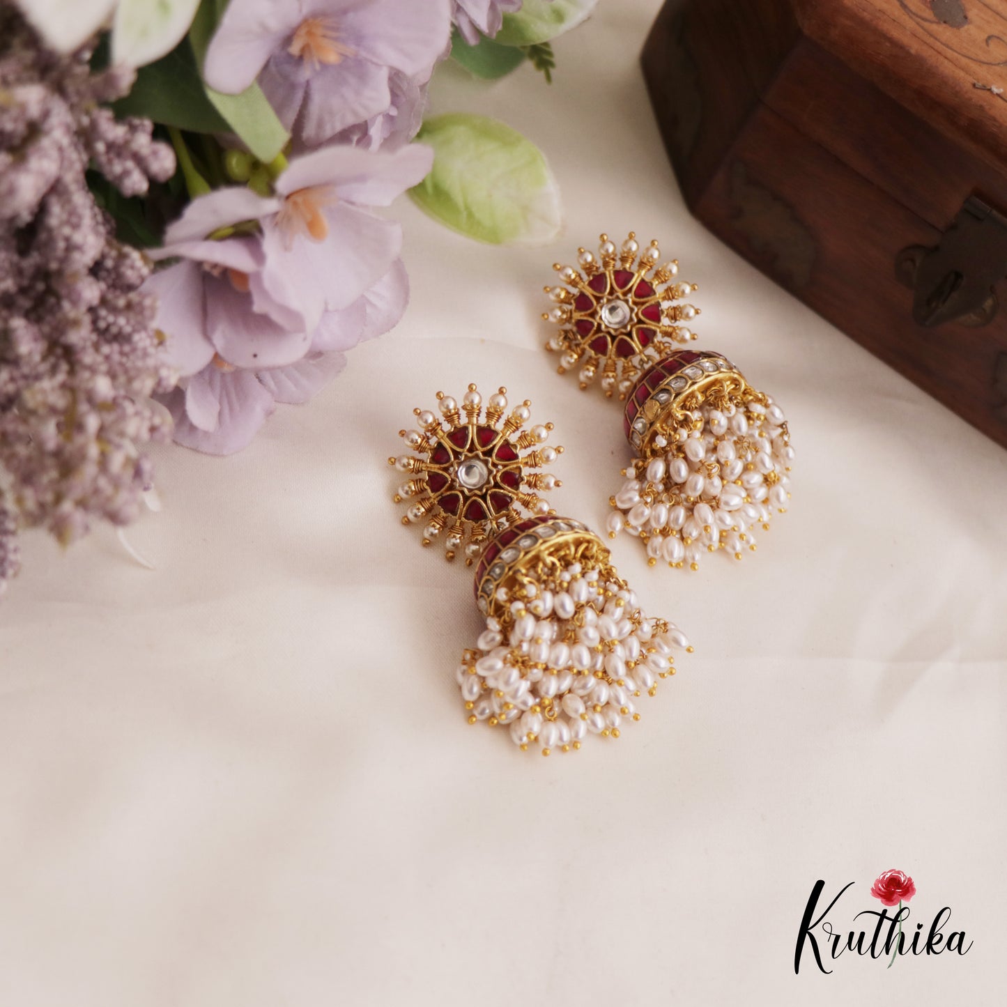 Gorgeous Floral Motifs Kemp Jhumka With Pearl Drops E971