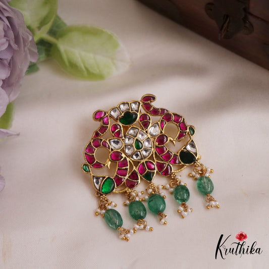 Classic Peacock Motifs Jadau Pendant With Green Bead Drops PS263
