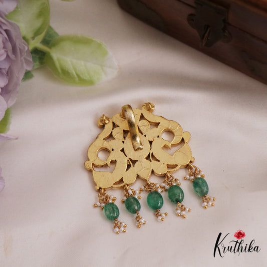 Classic Peacock Motifs Jadau Pendant With Green Bead Drops PS263
