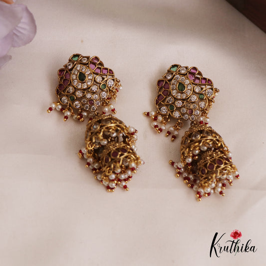 Beautiful AD Peacock Teardrop Motifs Jhumka With Bead Drops E994 (Available In 2 Colors)