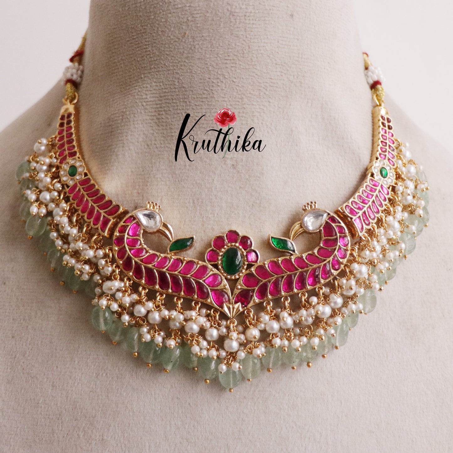 Premium Peacock Jadau Necklace with Pastel Green Beads Drops NC2205