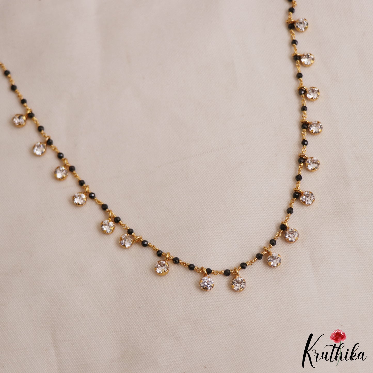 Simple Black Beaded Gold-Tone Chain With AD Stones NC2981