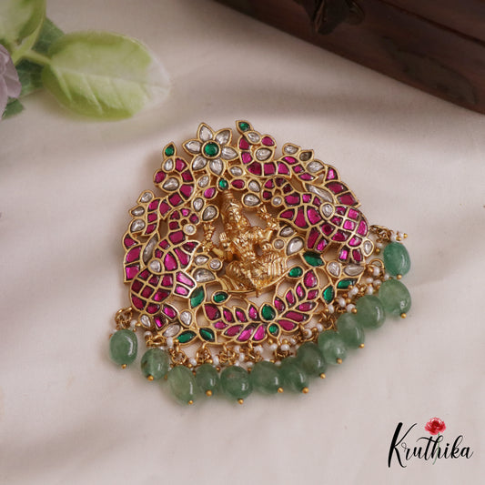 Premium Lakshmi Peacock Motifs Jadau Pendant With Pearl And Bead Drops PS262
