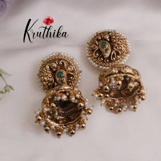 Premium Peacock Jhumkas with Golden Beads Drops E676