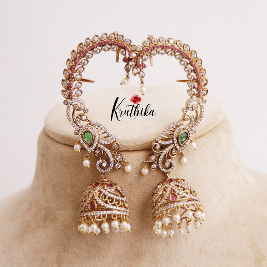 Grand CZ Sparkling Peacock Earcuff with Pearl Drop Jhumkas E617 (Available in 2 Colours)