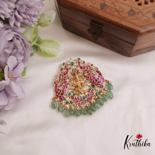 Premium Lakshmi Peacock Motifs Jadau Pendant With Pearl And Bead Drops PS262