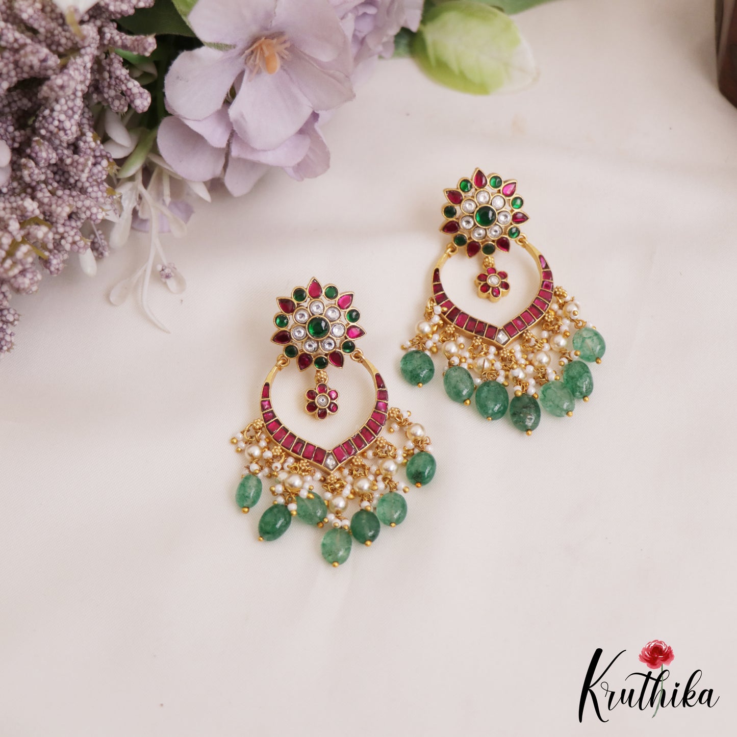 Stunning Floral Motifs Chandbali Jadau Earrings With Green Bead Drops E1018