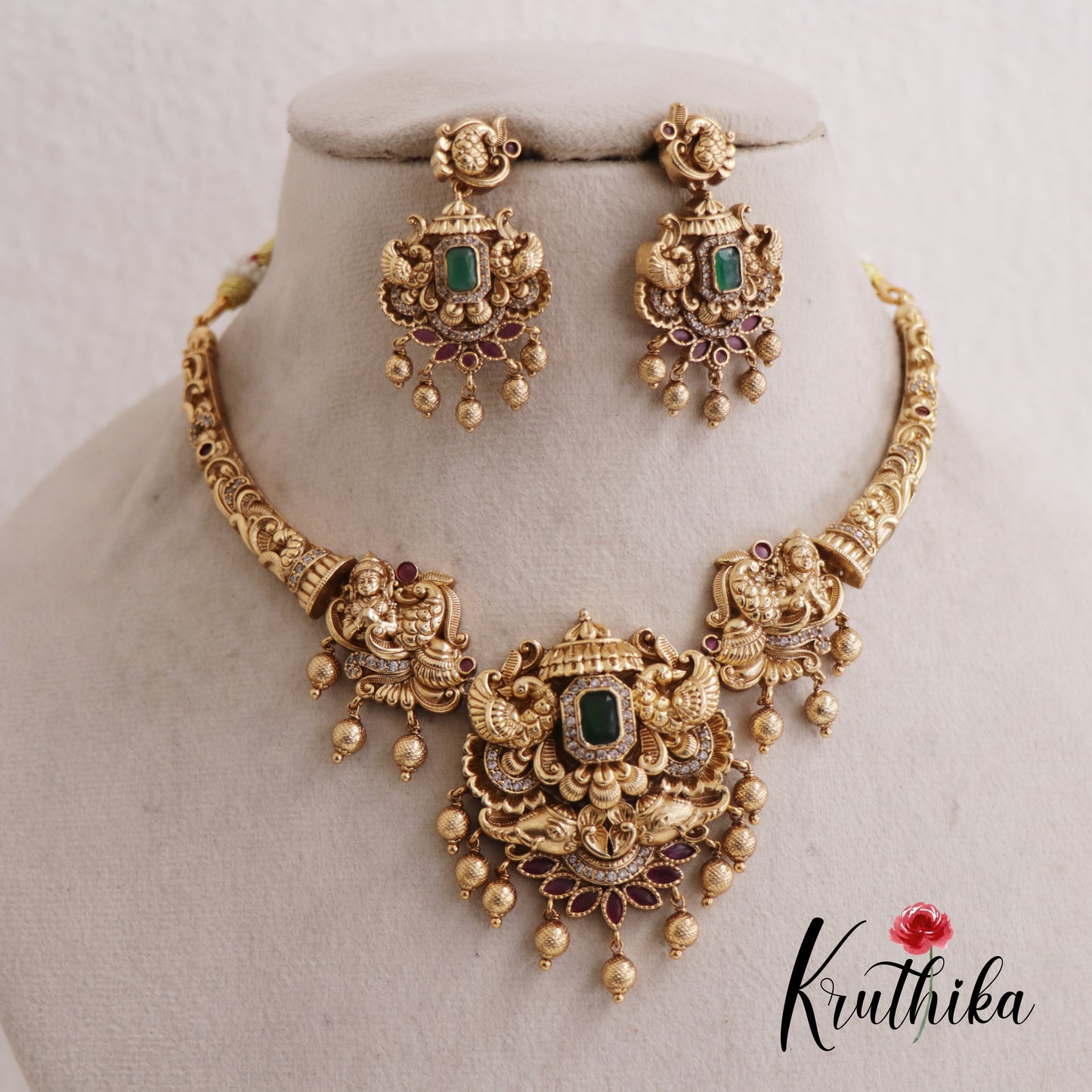 Stunning Peacock Motifs Antique Necklace With Golden Bead Drops NC2591