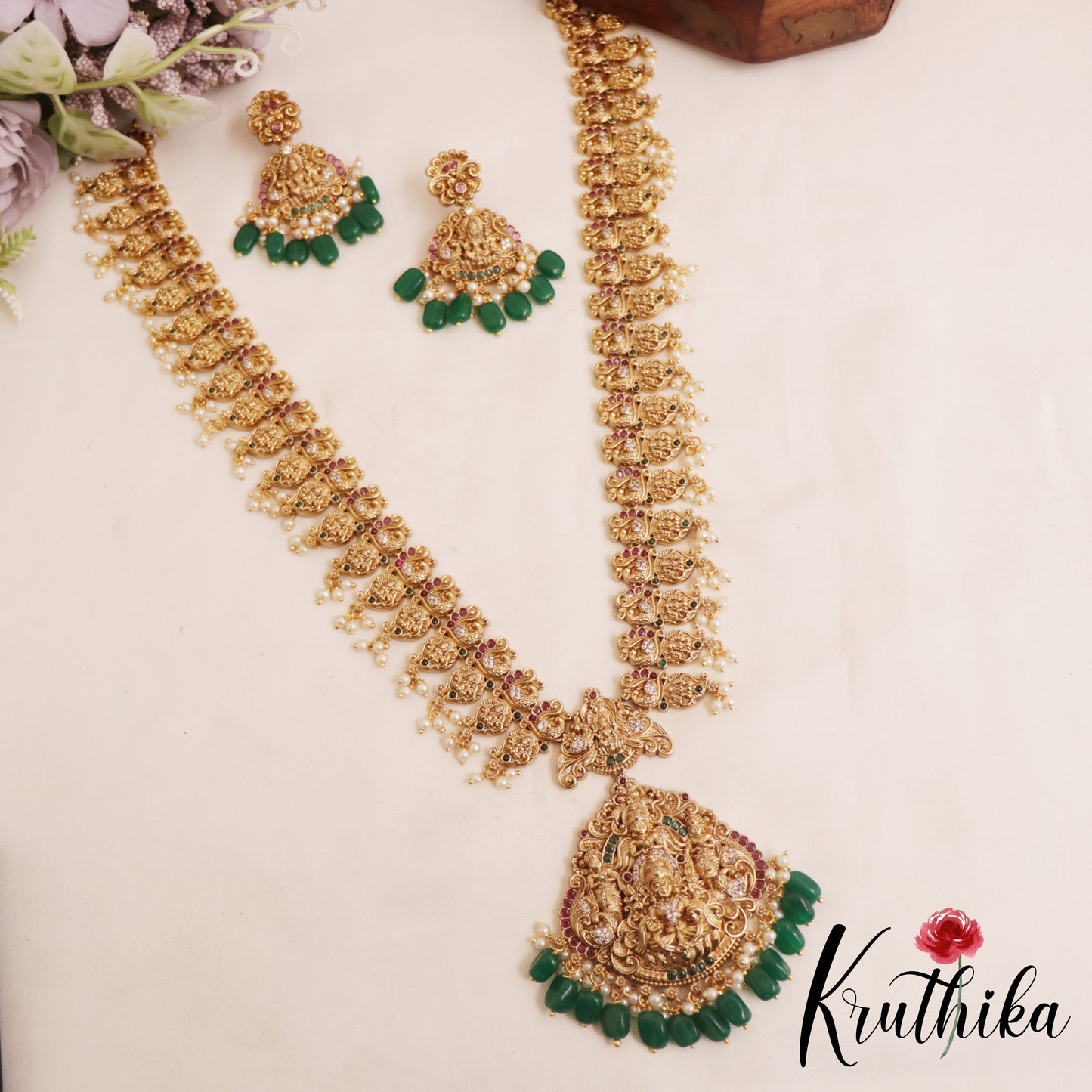 Gorgeous Antique Nagas Lakshmi Mango Motifs Temple Haaram With Green Bead DropsLH2094