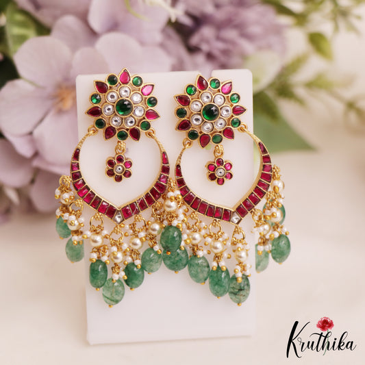 Stunning Floral Motifs Chandbali Jadau Earrings With Green Bead Drops E1018