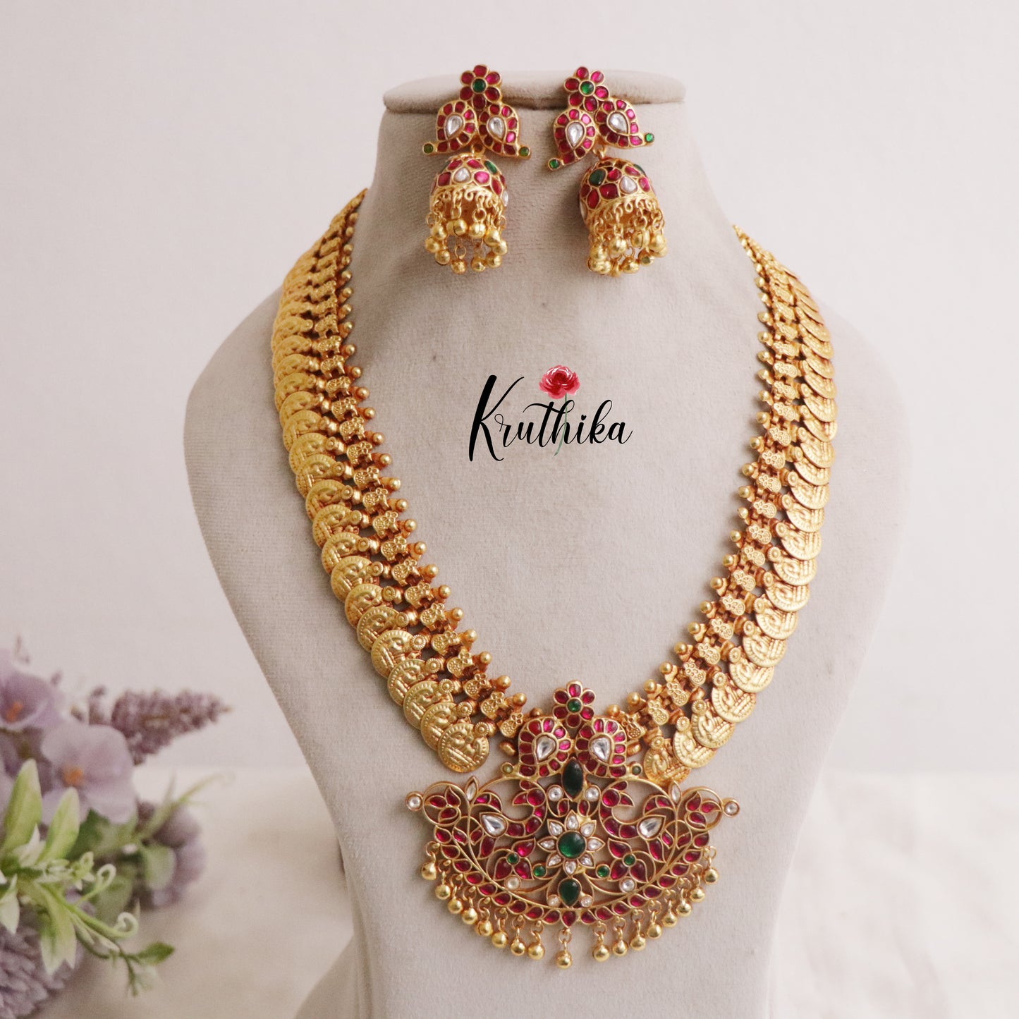 Beautiful Gold Finished Peacock Jadau Pendant Kasu Haaram LH1940