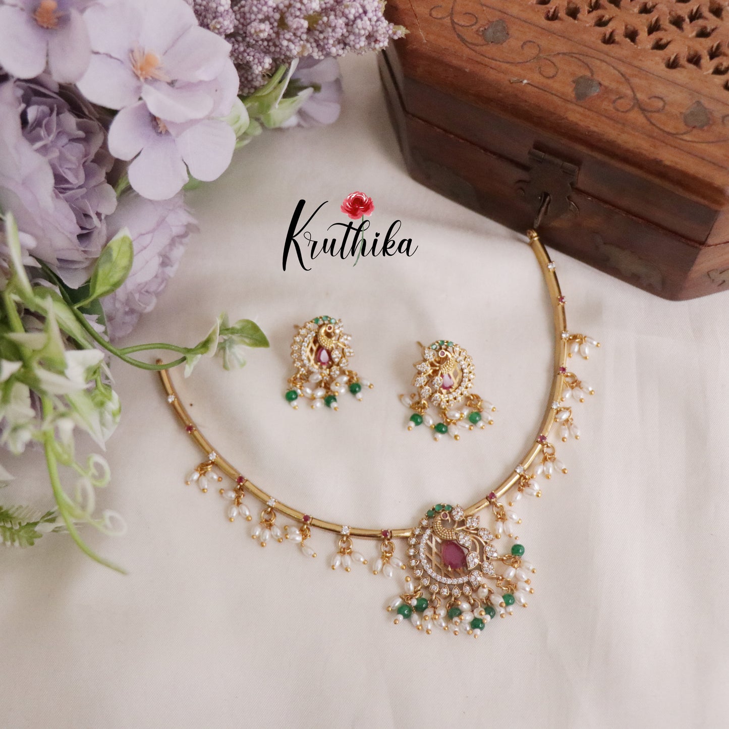 Trendy Ad Hasli Necklace with Peacock Pendant & Green Bead Drops NC2173