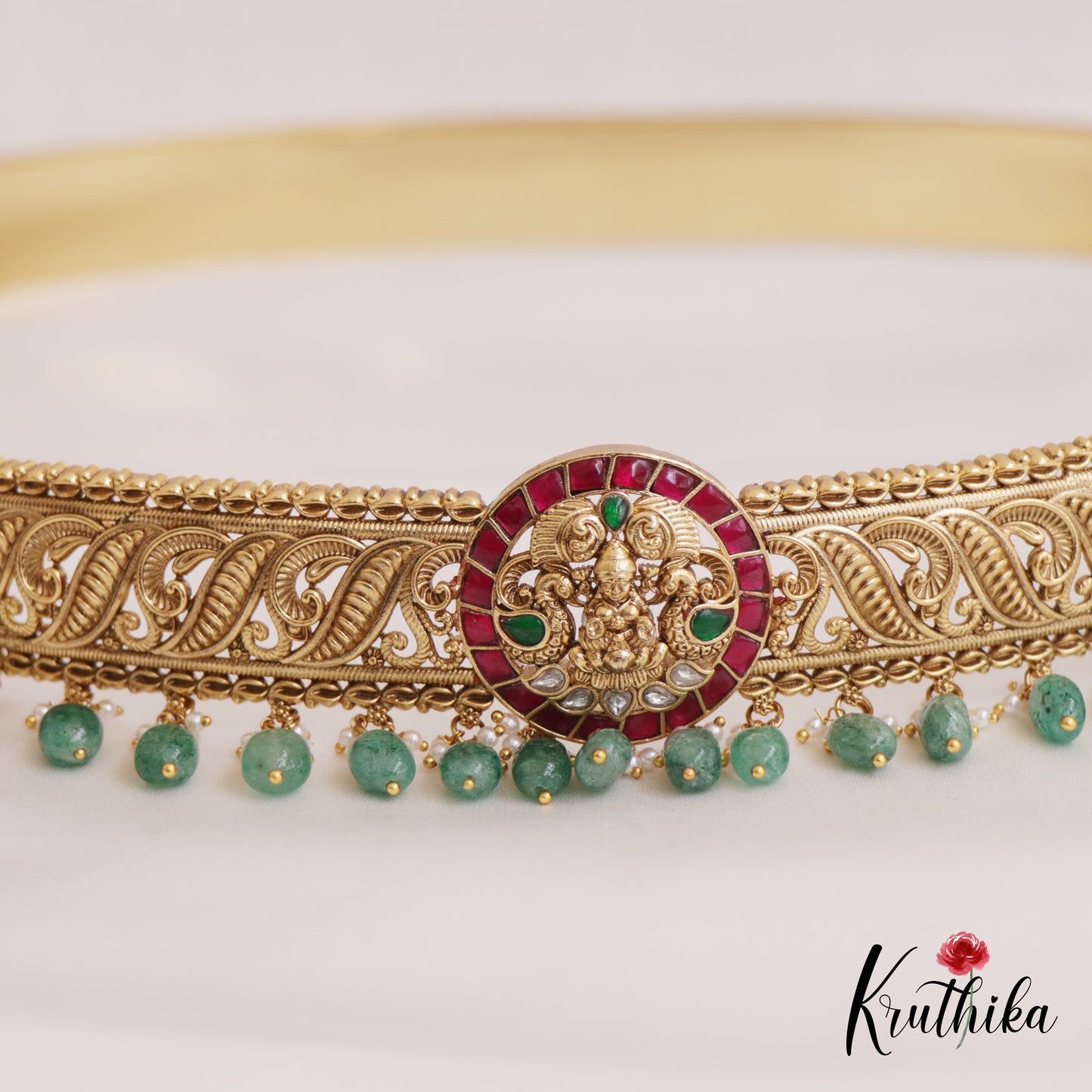 Stunning Antique Lakshmi Motifs Jadau Hip Belt With Green Bead Drops V330