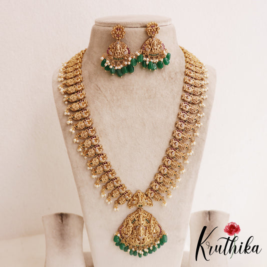 Gorgeous Antique Nagas Lakshmi Mango Motifs Temple Haaram With Green Bead Drops LH2094