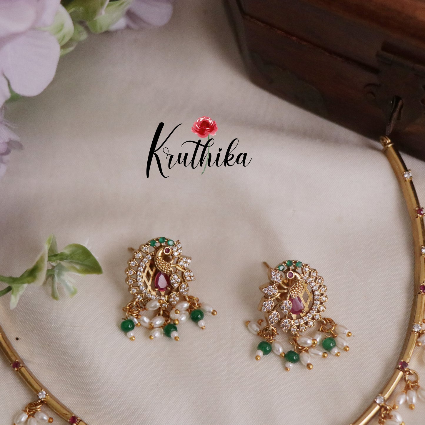 Trendy Ad Hasli Necklace with Peacock Pendant & Green Bead Drops NC2173