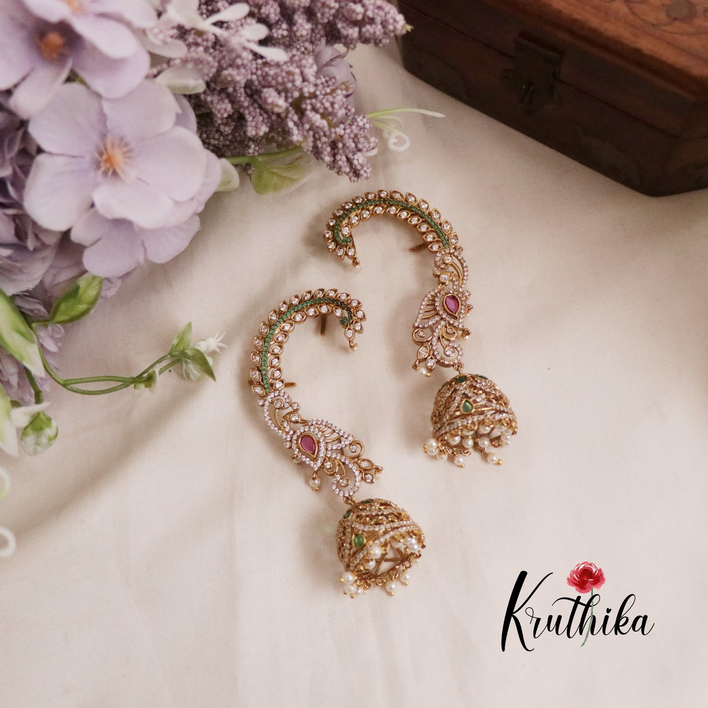 Grand CZ Sparkling Peacock Earcuff with Pearl Drop Jhumkas E617 (Available in 2 Colours)