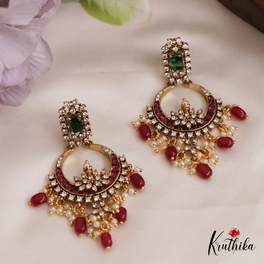 Sparkling Leaf Motifs Chandbali Kemp Earrings With Bead Drops E995 (Available In 2 Colors)