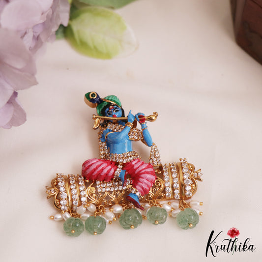Gorgeous Hand Painted Lord Krishna Motifs Pendant With Green Bead Drops PS282