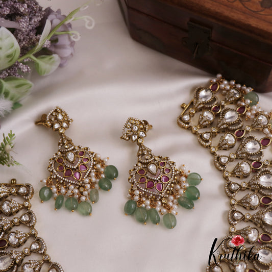 Gorgeous AD Teardrop Motifs Kemp Necklace With Green Bead Drops NC2726