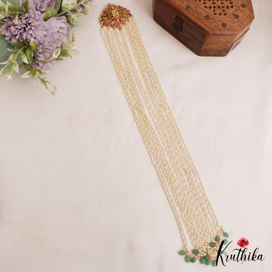 Sparkling Lakshmi Peacock Motifs Multi Pearl Strand Kemp Jada Billa With Green Bead Drops J381 (Available In 2 Colors)