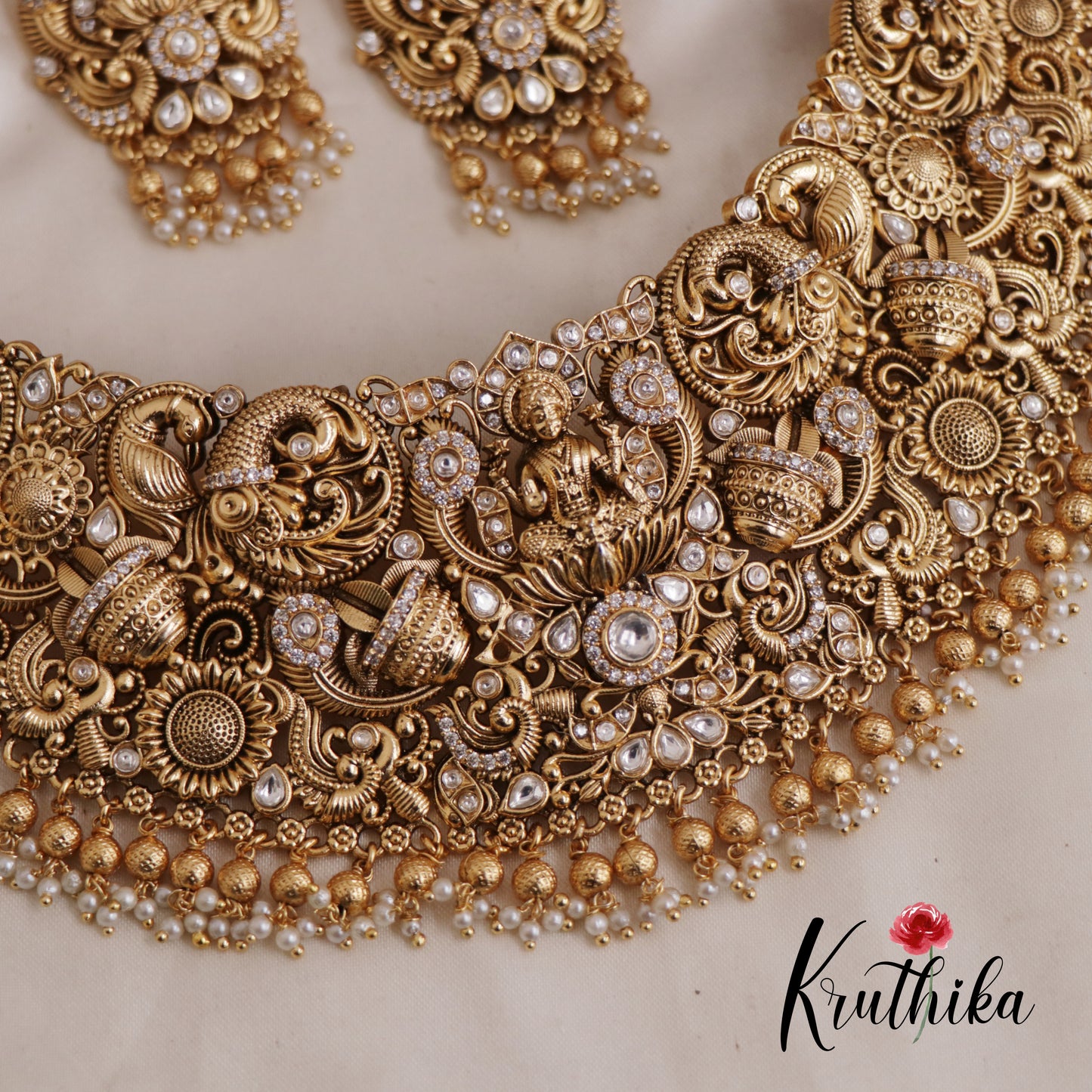 Premium Bridal Lakshmi Bead And Pearl Drops Nakshi Choker Set With Maang Tikka NC2587 (Available In 2 Colors)