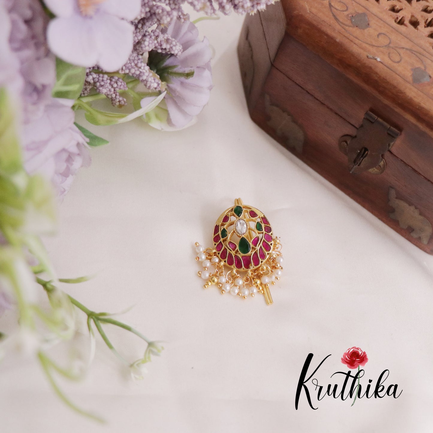 Beautiful Floral Kundan Jadau Jada Billa with Pearl Drops J233