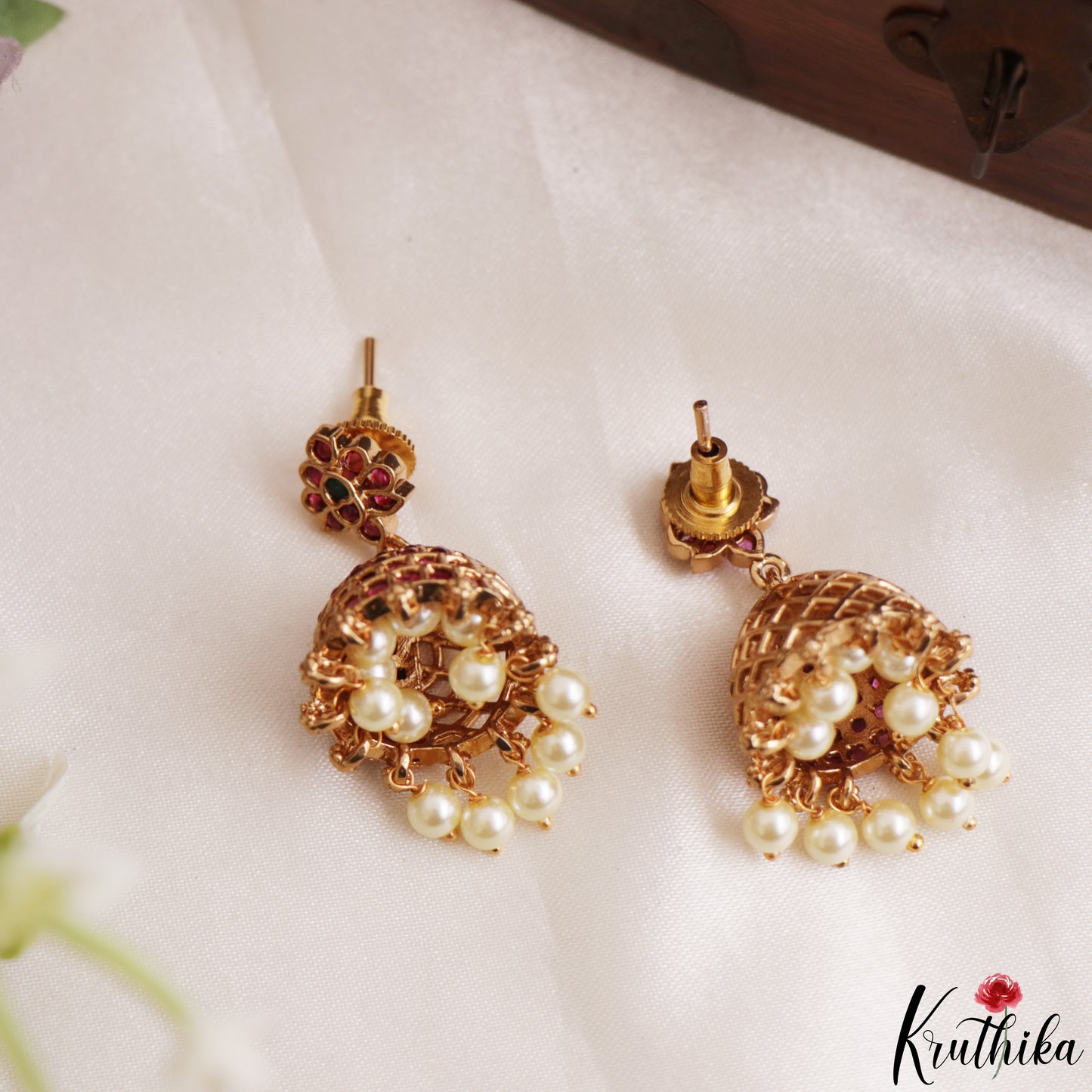Classic Floral Motifs Jhumkas With Pearl Drops E1219