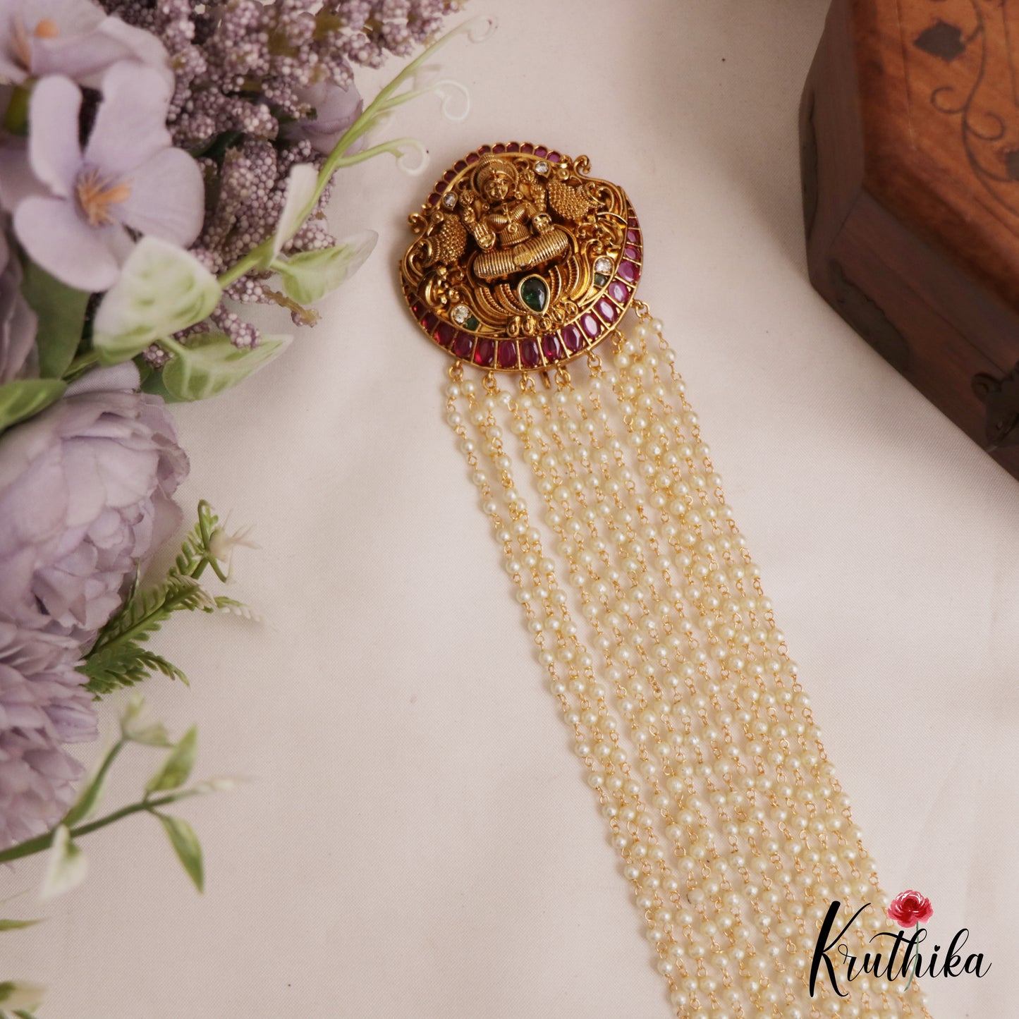 Classic Antique Lakshmi Motifs Multi Pearl Strand Kemp Jada Billa With Bead Drops J384 (Available In 2 Colors)