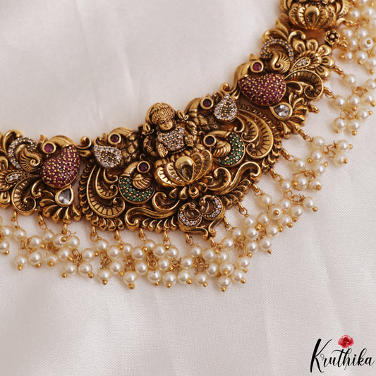 Premium Antique Lakshmi Peacock Motifs Temple Haaram With Pearl Drops LH2152