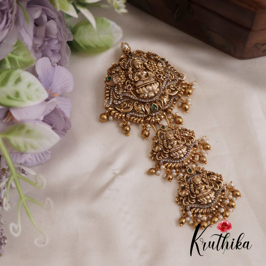 Premium Antique Lakshmi Motifs Jada Billa With Golden Bead And Pearl Drops J287