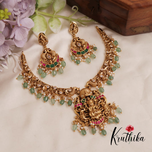 Premium Antique Lakshmi Nagas Jadau Necklace With Pastel Green Beads NC2554