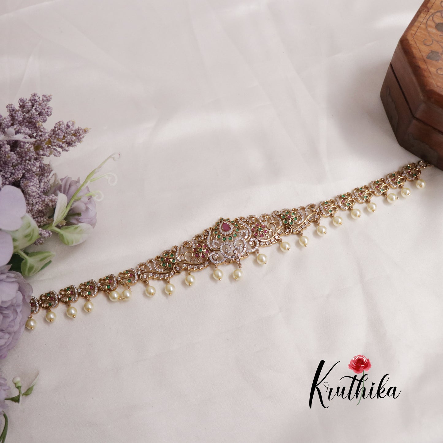 Stunning CZ And Kemp Floral Leaf Motifs Hip Chain with Pearl Drops V309