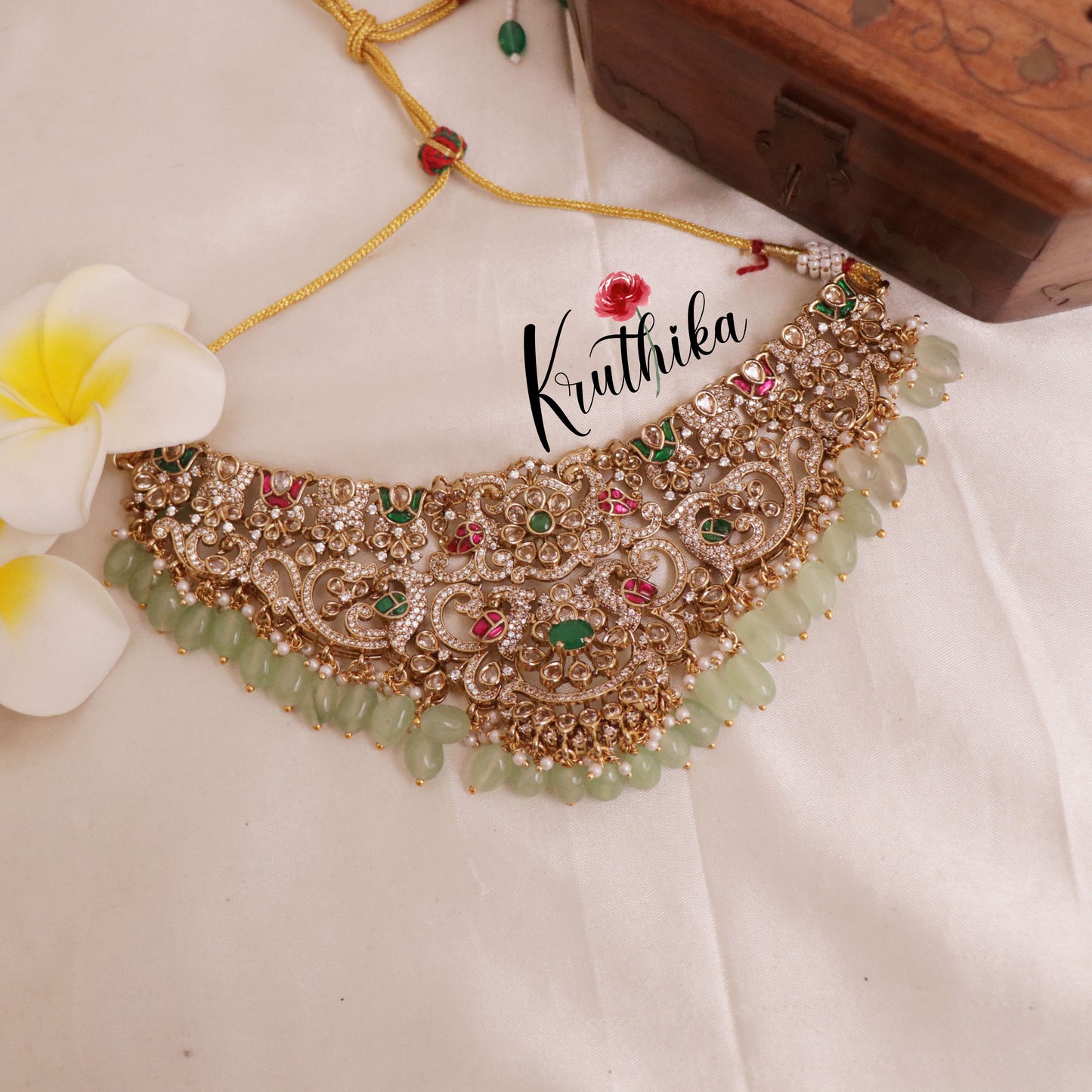 Elegant Victorian jadau choker with pastel green beads NC1954
