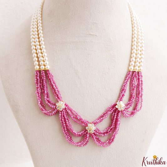 Elegant Gold Replica Pearl Necklace with Pink Beaded Layer NC3330