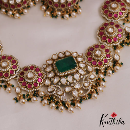 Gorgeous Floral Motifs Moissanite Jadau Choker With Pearl Drops NC2728