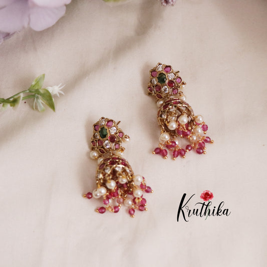 Simple Antique Finish Kemp Floral Jhumkas with Beads Drops E635 (Available in 2 Colors)