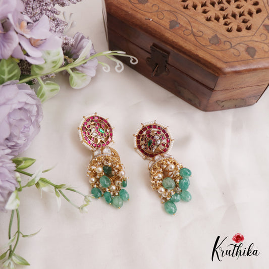 Traditional Peacock Motifs Jhumka Jadau Earrings With Pearl And Bead Drops E848