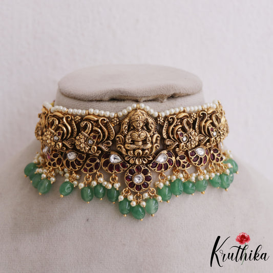 Gorgeous Antique Nagas Lakshmi Peacock Motifs Kemp Choker With Bead Drops NC2709 (Available In 2 Colors)