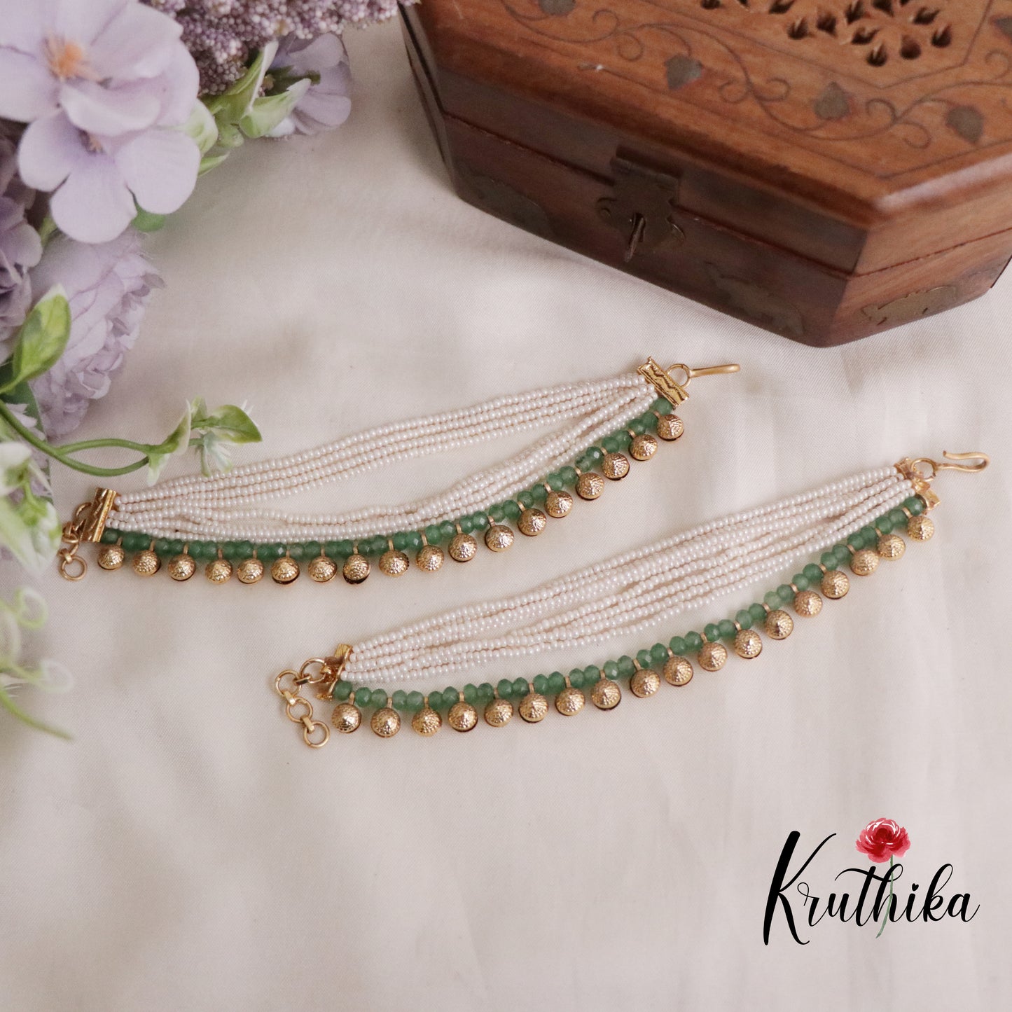 Beautiful Pearl Earchains with Golden Beads Drops EC106